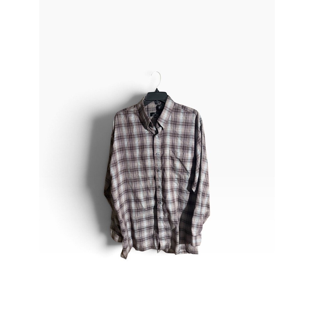 Enro Mens XL Plaid Button Down Shirt Brown Tan Blue Long Sleeve Cotton Blend